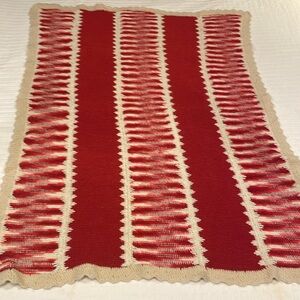 Vintage handmade crochet afghan blanket throw burgundy red white cottagecore